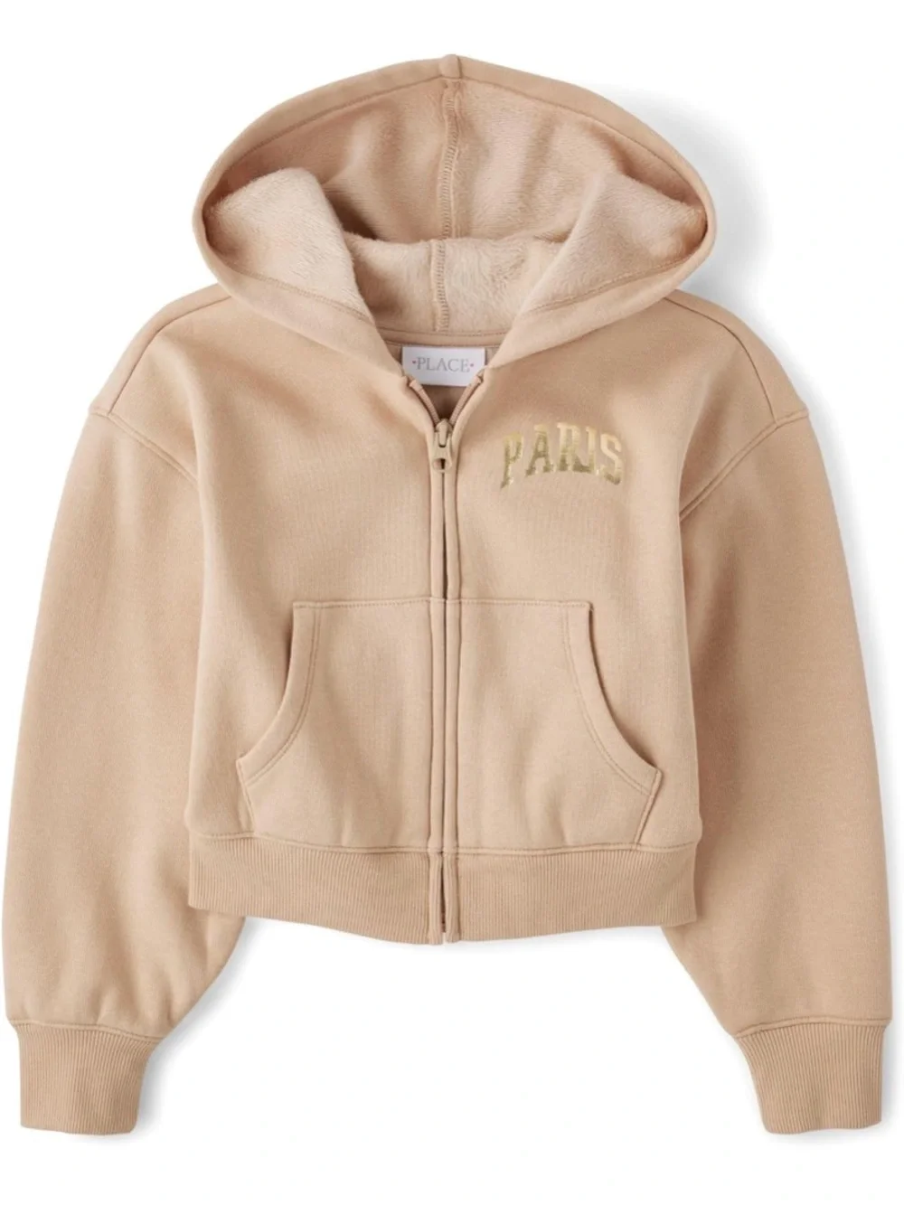 NWT The Children's Place Girls' Tan Zip-Up Hoodie - 'Paris' Embroidery XS B74